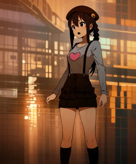 1girl, (((​masterpiece))), top-quality, top-quality, high détails, nakano azusa, 1girl, Twin-tailed, length hair, A dark-haired, brown-eyed, Gray T-shirt.suspenders.a black skirt.illustratio, comic strip, soothing tones, Subdued Color, Soft cinematic light...