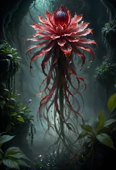 Magical plant from the abyss, the ghost flower, ghost flower,Blood-red tentacles stare at the dead，carismatic，Incredible，terror