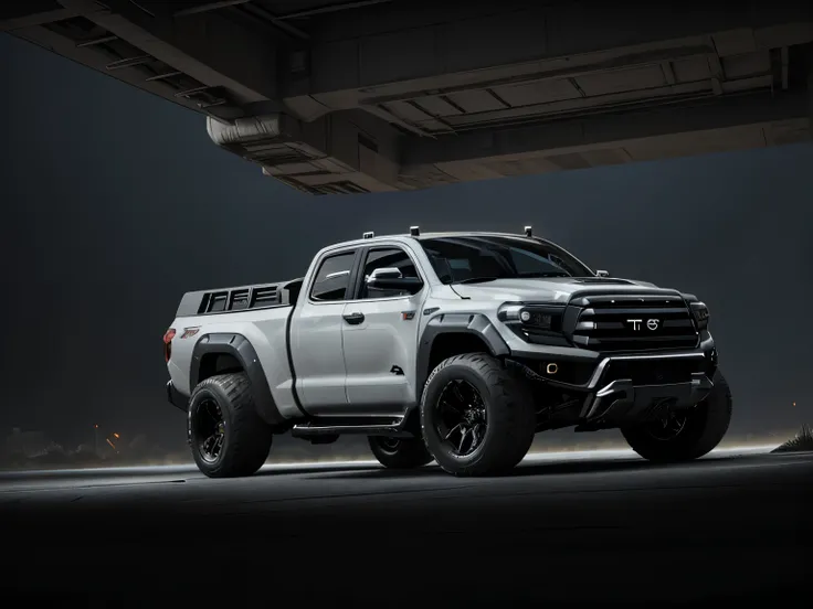 a 3/4 front view of ((futuristic cyberpunk Toyota Tundra)) (with glowing tires), at the parking lot,