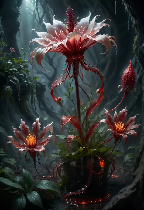 Magical plant from the abyss, the ghost flower, ghost flower,Blood-red tentacles stare at the dead，carismatic，Incredible，terror