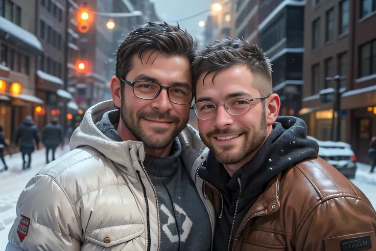 Award-winning original photos,2men, wild muscular men, (40 years old daddy:1.1), beards, burly, hunk, jackets, smilling happily, one of the man wearing glasses, standing on a snowy city streets, cold atmosphere, snowy, hugging, detailed, lovely, faces clos...