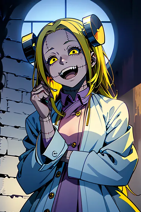 madaraki_fran,a  girl ,(((laughs a lot))),happy,brush your teeth,the madhatter ,surgeon&#39;gown ,clean hands, hairlong , yellow...