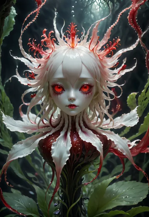 Magical plant from the abyss, the ghost flower, ghost flower,Blood-red tentacles stare at the dead，carismatic，Incredible，terror