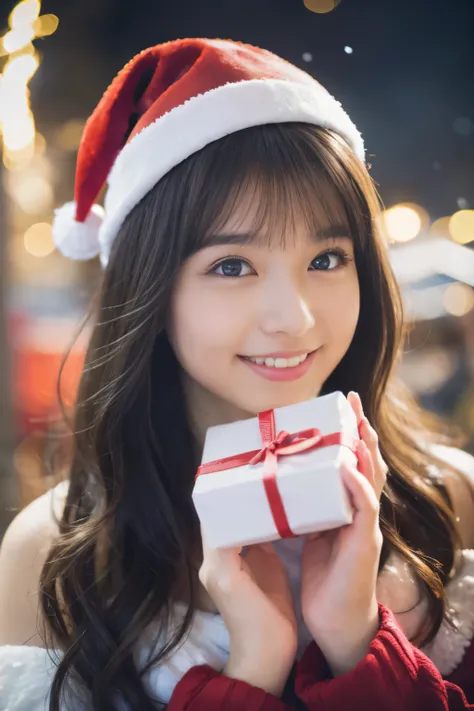 christmas eve girl,Beautiful detailed eyes,Beautiful detailed lips,extremely detailed eye and face,long eyelashes,Christmas themed clothing and accessories,Cute smile,Enjoy the festival atmosphere,Comes with a beautifully wrapped gift box,outdoor snow scen...