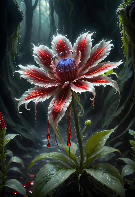 Magical plant from the abyss, the ghost flower, ghost flower,Blood-red tentacles stare at the dead，carismatic，Incredible，terror