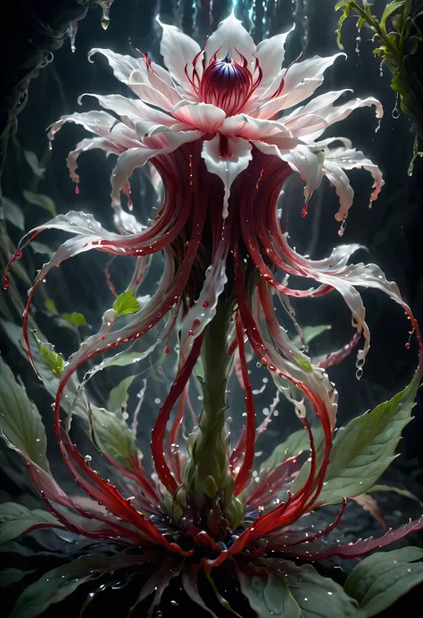 Magical plant from the abyss, the ghost flower, ghost flower,Blood-red tentacles stare at the dead，carismatic，Incredible，terror