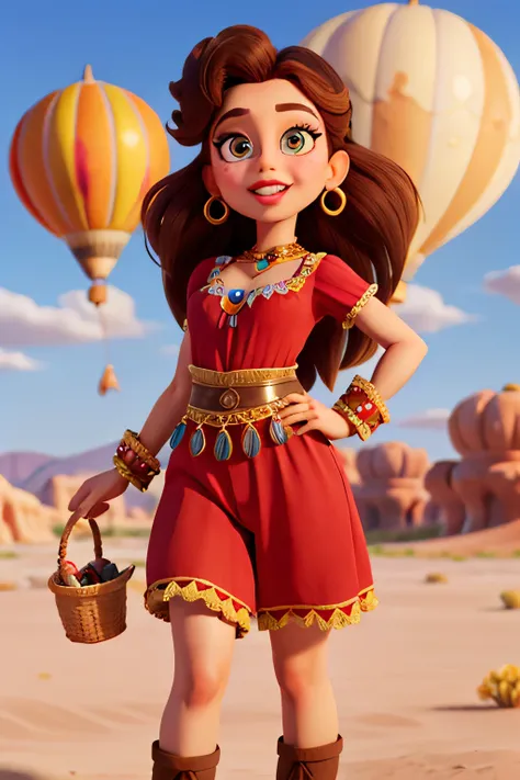 Brown-haired woman, Arabian Gypsy, Gypsy Costume, A desert, skyporn + Clouds, Red Lipstick, Big lips, Big eyes, merry disney/Pixar-style characters