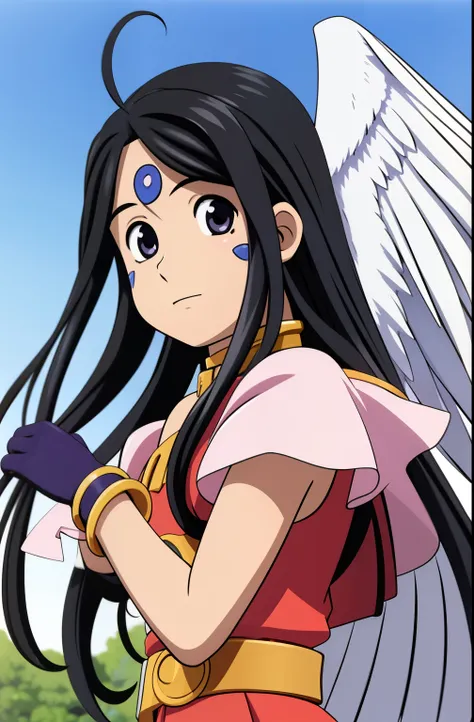 (masterpiece), bestquality, high-res, skuld, long-haired, Black eye, Black Hair, facial mark, Forehead marker, gloves, wings, choker, bracelet, rings, body hair, angel wings, View from the side:0.6, (Forrest:1.1), stand, 14 years old