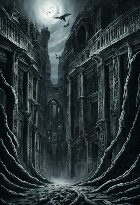 biomechanical hell, a madness landscape, a gateway and an abyss for the 4th dimension. Horror art, creepy illustration