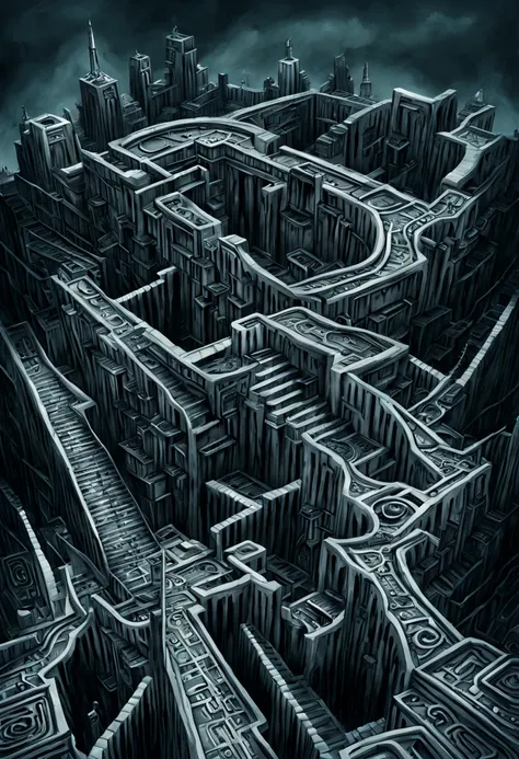 biomechanical maze, a madness landscape, a gateway and an abyss for the 4th dimension. Horror art, creepy illustration, labyrinth