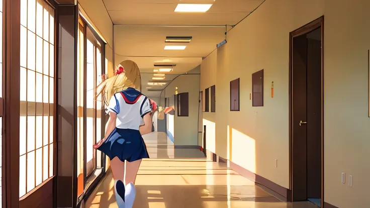 Rear view、running,school hallway,​masterpiece,Top image quality,hight resolution,Mabayashi Kitagawa,,Beautiful fece,blonde  hair,long hair down to the back,summer sailor uniform,red tie、girl with、black eyes、illustration