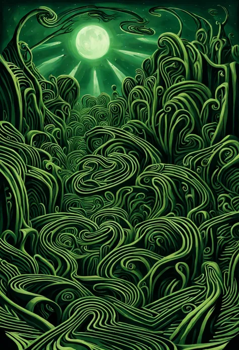 Green lush biomechanical maze, a madness landscape, a gateway and an abyss for the 4th dimension. Horror art, creepy illustration, labyrinth