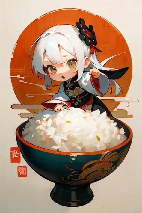 glutinous rice personification，White hair，tchibi，ancientry，qing dynasty painting, traditional painting, old chines painting, 1080p, 中国ancientry艺术风格