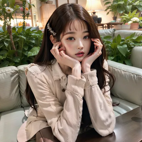 araffe asian woman sitting on a sofa with her hand on her chin, Lalisa Manobal, ulzzang, Bae Suzy, Lalisa Manoban de Blackpink, long hair con flequillo completo, neat hair con flequillo, long hair con flequillo, Chica coreana, Jaeyeon Nam, El Corte Hime, c...