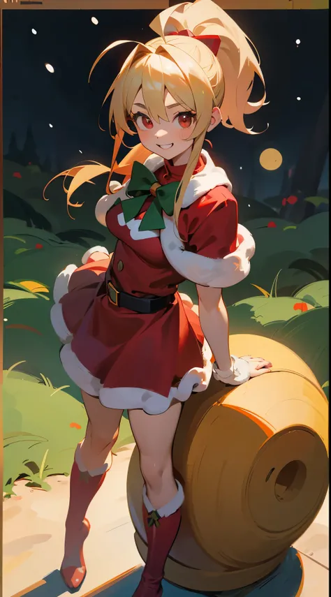 18 year old girl, Santa Claus Costume、Blonde ponytail、Ahoge、big round red eyes、A slight smil、Laugh、small tits、Realistic painting in every detail, Christmas Outdoors、Colors based on red and green