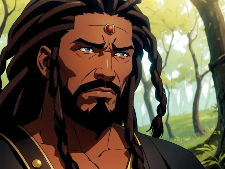 close up of sad black man, warrior in the woods, dreadlocks