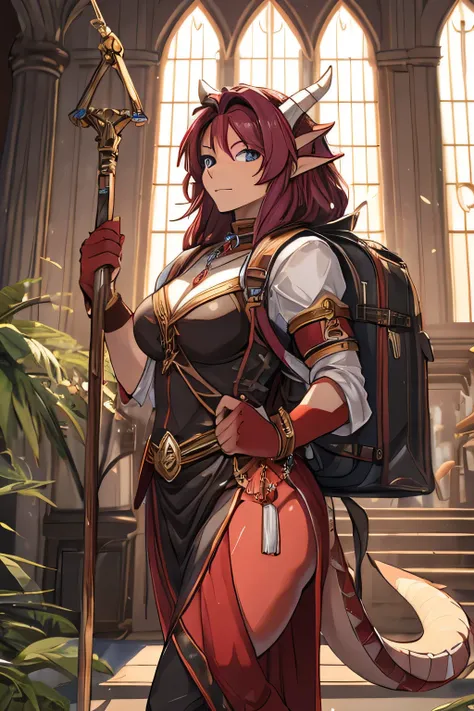 A 2 meter tall dragon woman, cabello color burdeos y piel roja con una gran mochila en la espalda., wearing an adventurer outfit and carrying a staff. she has a curvy figure, figura 60 90 60.