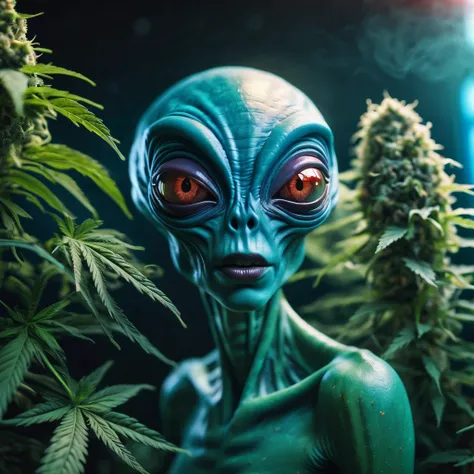 Druged female alien, huge, capsuled female alien 3 d art, stunning artwork, extremely high quality artwork, beautiful artwork, colorful hyperrealism, beeple colors, Female Ganja alien, marihuana, critical, canabis sativa,THC, smoking a big joint, smoke, fu...