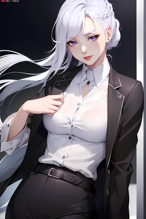 (Best quality,4K,8K,A high resolution,tmasterpiece:1.2),ultra - detailed,(actual,photoactual,photo-actual:1.37),black suit jacket,sliver long hair,girl with Redlip,girl in suit jacket,girl in elegant clothing,Redlip,Perfect application for lipstick,(beauti...