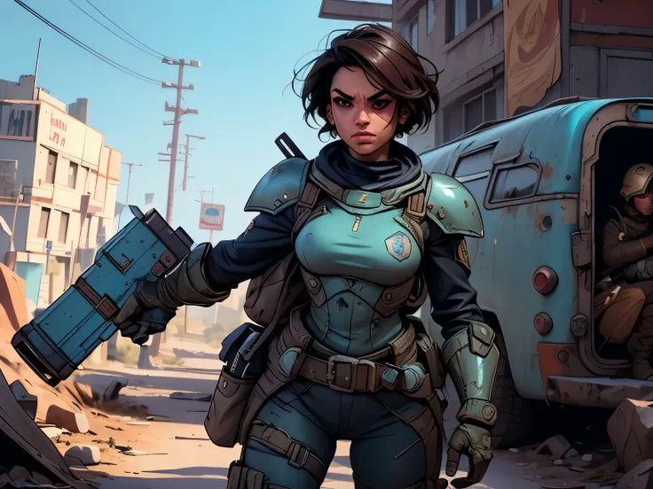 fundo da imagem, um personagem do jogo fallout 3, caminhando sozinho por uma cidade em ruinas, jogo fallout 3, ((uma personagem feminina usando Armored Vault jumpsuit azul com detalhes em cinza, universo de fallout 3, mochila nas costas)), Natural Dynamic ...