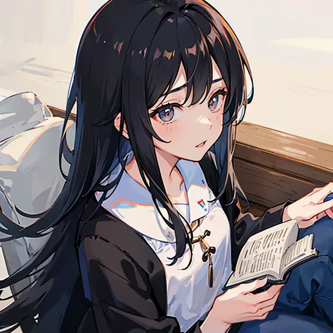 1人、girl with、Long black hair、unclear、Reading a book、sitting on