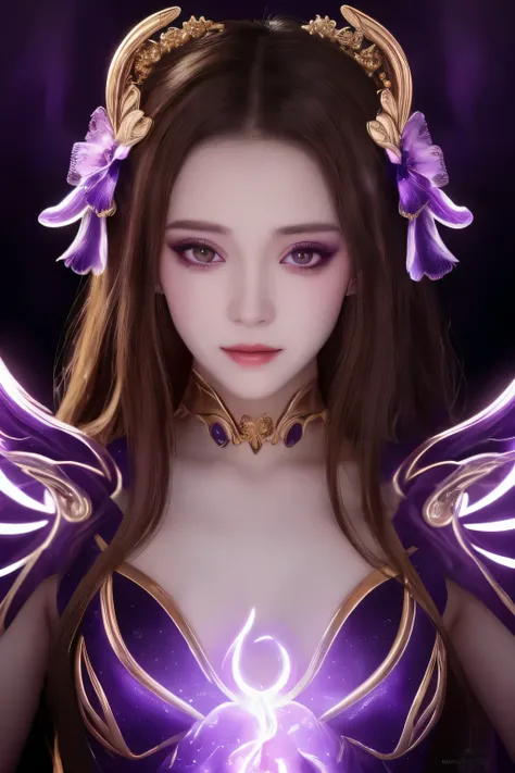 In a vibrant, mysterious narrative, A mysterious augmented reality overlay unfolds in the dark, revealing a fantastic kingdom, intertwining the virtual and real worlds. She is extremely sexy, she has a cute face and purple mongo-shaped eyes.. Gold and purp...