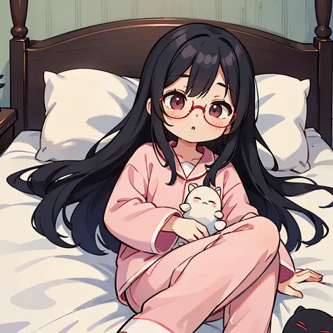 1人、girl with、Long black hair、Eyes are red、eye glasses、Sleeping in bed、s Pajamas、unclear、kawaii、Looking at the camera