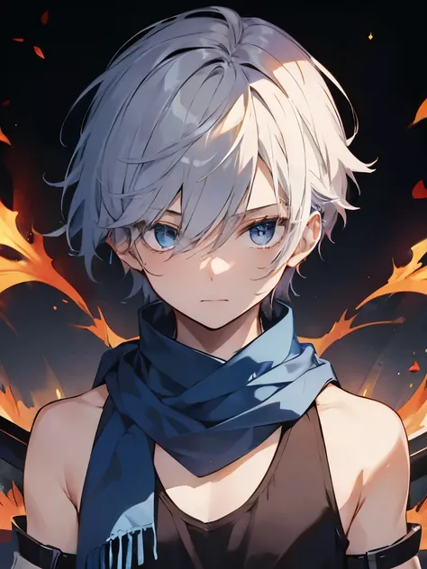 1boy, ember、独奏、Silvery head hair、thief、shorth hair、short sword、cover your mouth with a blue scarf、glares、sharp eye、Tank Tops、Clear illustrations