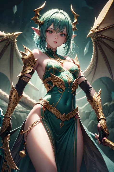 young teen girl, ancient dragon girl, wings and tail, sexi, small breasts, green scale armor and accesories, wielding sword made of a dragon fang, highly detailed, vibrant appearance, creative behavior, extremly detailed, imaginative, sensual, spontaneous,...