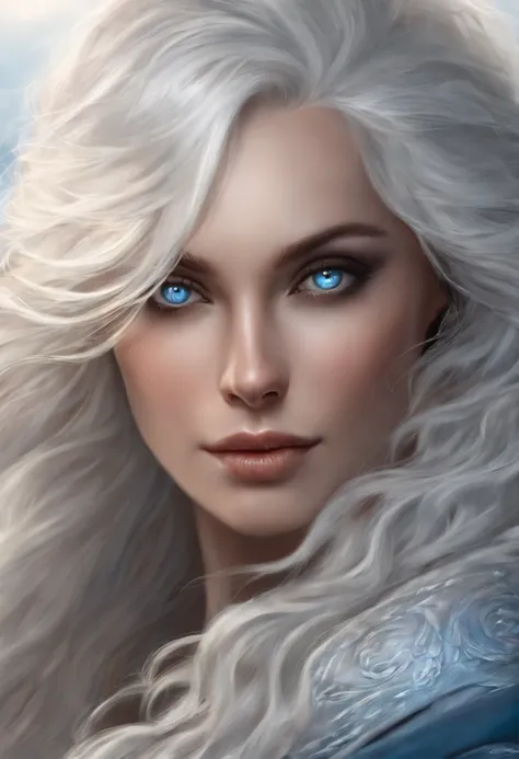 close-up of a woman with blue eyes and white hair, detailed matte fantasy portrait, fantasy art portrait, fantasy portrait art, beautiful fantasy art portrait, fantasy portrait, inspired by Magali Villeneuve, beautiful fantasy portrait, digital fantasy por...