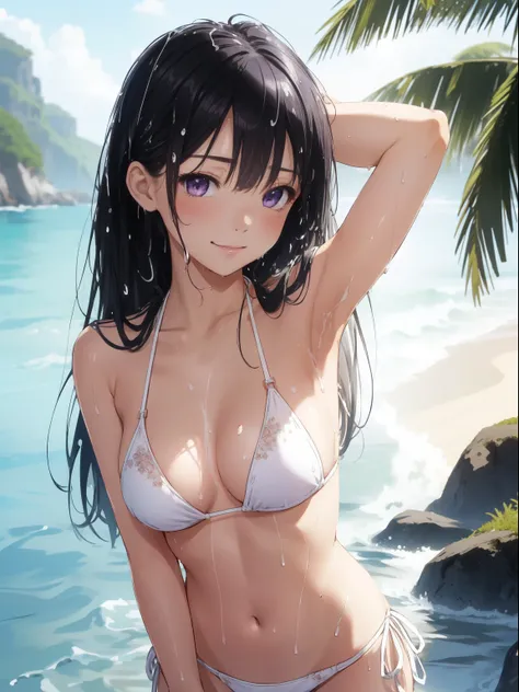 1girl, kawasaki saki, long hair, bangs,(violet eyes:1.3), black hair, (blush:1.2), seductive smile,
BREAK (string bikini:1.5), (white bikini:1.atternless bikini, small breasts, Naked, Exposed skin, (Wet skin:1.5), (arms behind head, armpits), standing,
BRE...