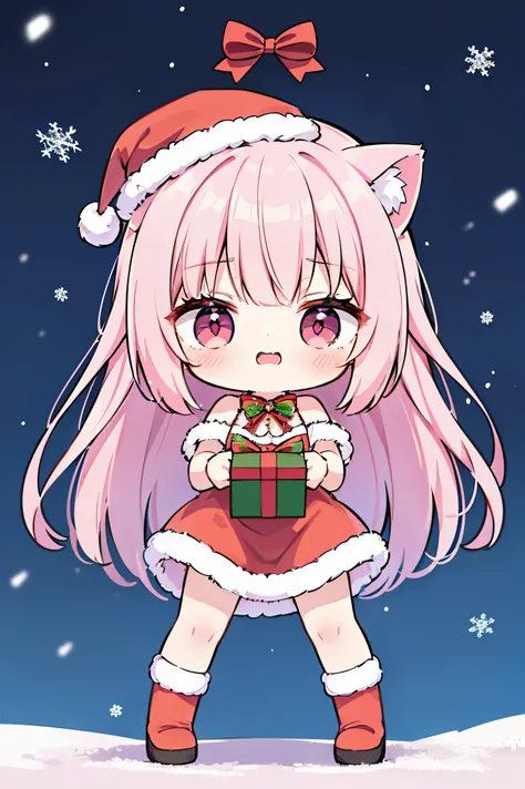 "anime girl, 1 person, pink hair, pink cat ears, pink eyes, santa hat, santa shirt, red dress, stockings, big breasts, solo, standing cross-legged, falling snow, Christmas gift box, chibi,full body(full HD 4K+ image)" front view