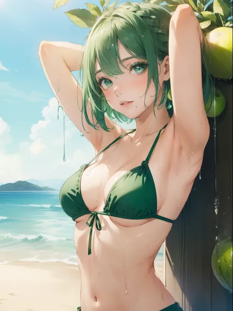 1girl, bob cut, (green💚 💚 💚 🍏 eyes:1.5), White hair, longhair, braids, fairy
BREAK (red bikini:1.2), medium breasts, Naked, Exposed skin, (Wet skin:1.5), (arms behind head, armpitREAK (sea:1.2), beach, (solar:1.2), morning,
BREAK looking at viewer, 
BREAK ...