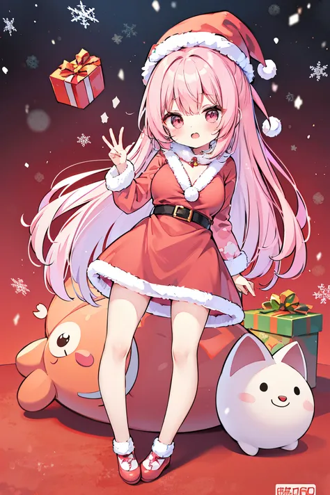 "anime girl, 1 person, pink hair, pink cat ears, pink eyes, santa hat, santa shirt, red dress, stockings, big breasts, solo, standing cross-legged, falling snow, Christmas gift box, chibi,full body(full HD 4K+ image)" front view