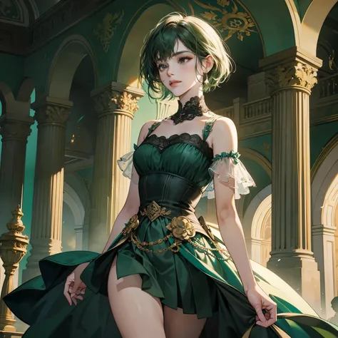 Masterpiece, high quality, best quality, HD, realistic, perfect lighting, detailed body, 1 woman, black eyes, short hair, dark green Hair, Dark Green light princess dress, palace background.