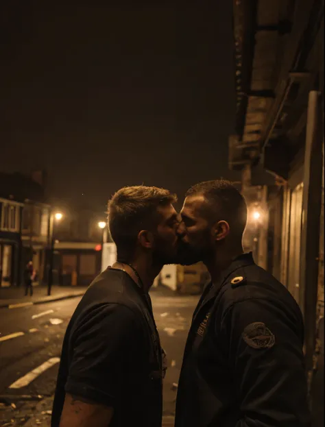 forbidden love, masterpiece, best quality, 2boyales, beards, chavs, rough, dirty, Mancunian, mean, bullies, druggies, skinheads, in the neighbourhood, , soft kiss , realistic, dramatic lighting, atmospheric, intricate detail,