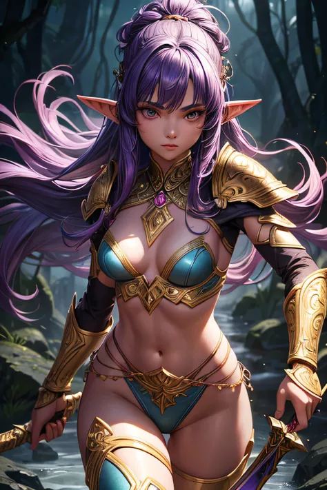 young teen girl, ancient elf warrior, long pointy ears, dark skin, violet hair, sexi, small breasts, ancient elf armor and accesories, wielding a sword, highly detailed, vibrant appearance, creative behavior, extremly detailed, imaginative, sensual, sponta...