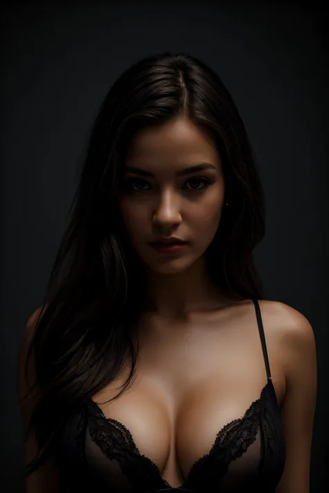 best quality, masterpiece, ultra high res, (photorealistic:1.4), raw photo, 1girl, offshoulder, huge cleavage, in the dark, deep...