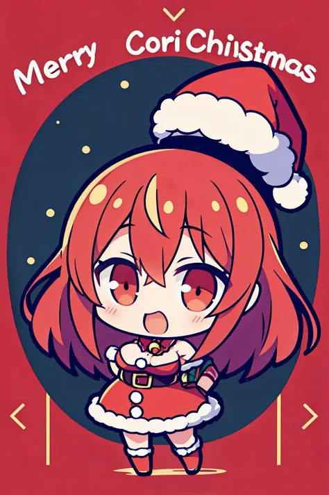 "anime girl, 1 person, bright red hair, shoulder length hair, dark red eyes, Santa hat, Santa tube costume, red dress, big breasts, discreet, stockings, holding Christmas gift box, Christmas gift box  birth, snowfall, solo, front view,chibi,full body (full...