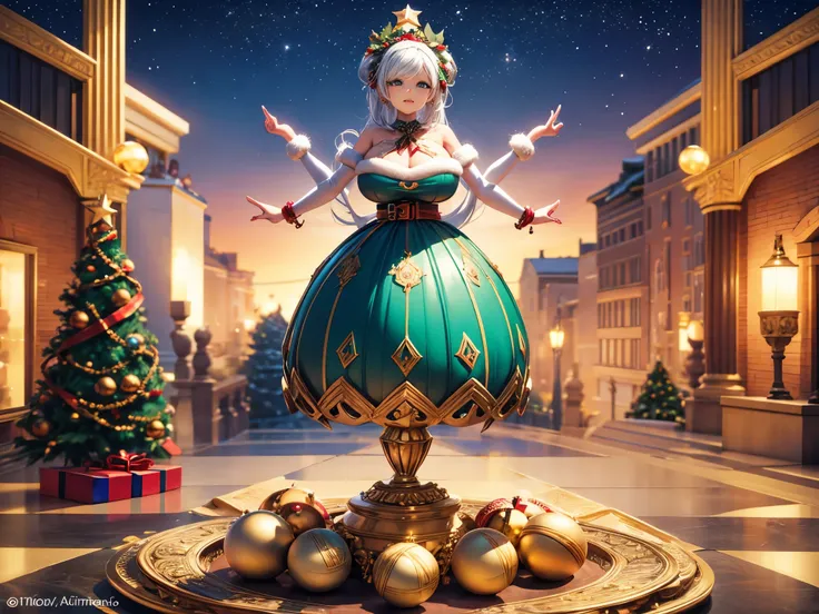 Zoom in closely on intricately designed 3D basic symbols and shapes adorned as festive ornaments. Capture the minute details, turning Christmas decorations into a geometric wonder. enormous tits, (full body:1.5)