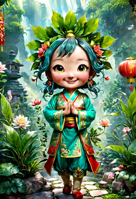 a delightful embodiment of a magical plant with distinct Chinese characteristics. Reflecting a comical, chibi (Q version) style, the character is characterized by its humanoid features, adding a relatable touch to its mystical aura. The wide, enchanting ey...