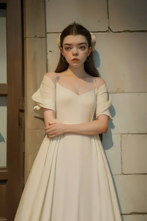 1136, Kingsbridge, England. otherworldly scene in the streets of a medieval town, ((((27-year-old)) Anya Taylor-Joy)), angry, sad, teary eyes, ((((poor plain tunic gown from the 12th century)))), ((Hairstyle of the 12th century)), ((Wes Anderson cinematic ...