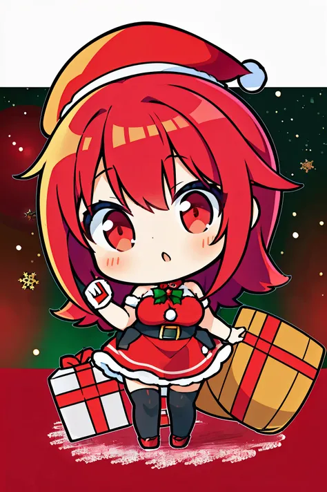 "anime girl, 1 person, bright red hair, shoulder length hair, dark red eyes, Santa hat, Santa tube costume, red dress, big breasts, discreet, stockings, holding Christmas gift box, Christmas gift box  birth, snowfall, solo, front view,chibi,full body (full...