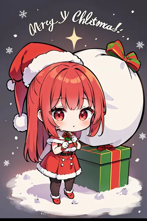 "anime girl, 1 person, bright red hair, shoulder length hair, dark red eyes, Santa hat, Santa tube costume, red dress, big breasts, discreet, stockings, holding Christmas gift box, Christmas gift box  birth, snowfall, solo, front view,chibi,full body (full...