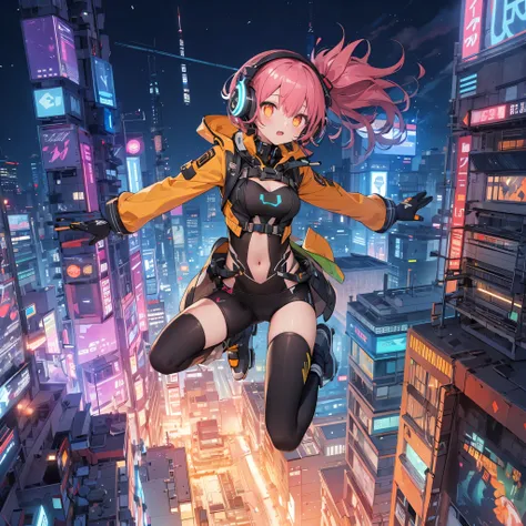 (masterpiece), best quality, expressive eyes,swaying hair,Dynamic hair, 1 girl in mecha outfit jumping on air between the rooftop of high buildings, twintails, glowing eyes,long luster coat with front opening, luster bikini under the coat, (Rollerblade, me...