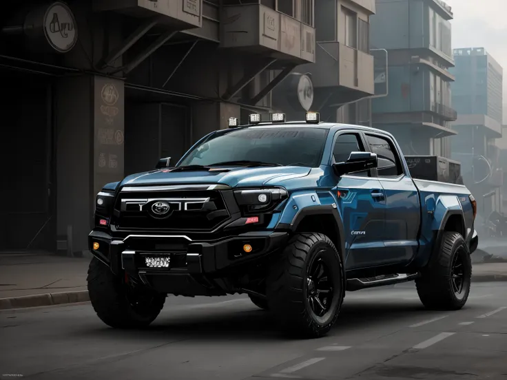 a 3/4 front view of ((futuristic cyberpunk Toyota Tundra)) (with glowing tires), at the parking lot, ((no logo))