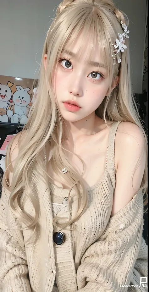 a close up of a person with long hair and a sweater, ulzzang, beige hair, kawaii realistic portrait, with long hair and piercing eyes, cute kawaii girl, white hime cut hairstyle, long blonde hair and big eyes, anime girl in real life, with white long hair,...