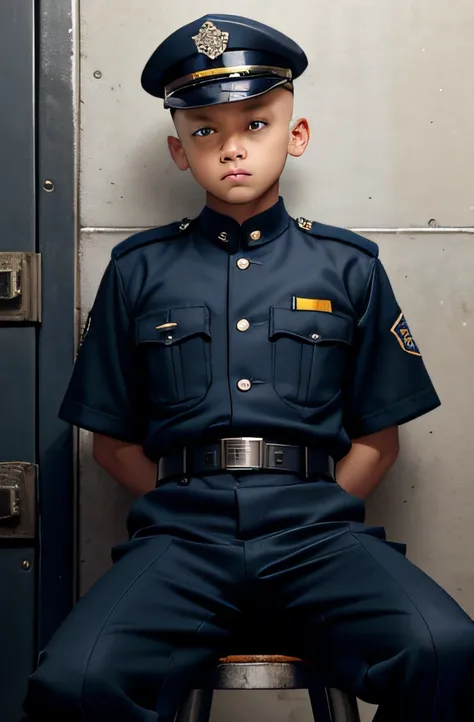 12 years old male boy, serious face, painful face expression, detail police uniform, wear cap, Shaved head faded sides sit down, leg open widely, look on uniform belt trouse, REALISTIC, dirty prison background, urine on ground, whip butt, closer look on be...