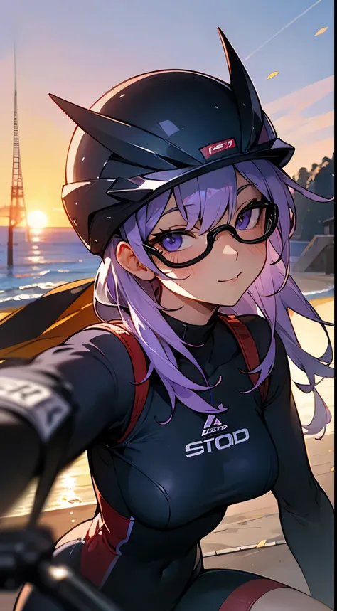 Purple colored hair，Cycling Suit，Cycling helmet，Cycling glasses，sandbeach，Seafront，the sunset，8K分辨率，ssmile