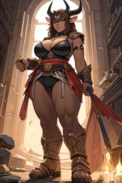 NFTW, una mujer medio minotauro, She has the face of a normal woman with dark brown hair but with the peculiarity of being 3 meters tall with bull horns and dark skin., she wears only a gladiator bra and a gladiator sash. She has a curvy and voluptuous fig...